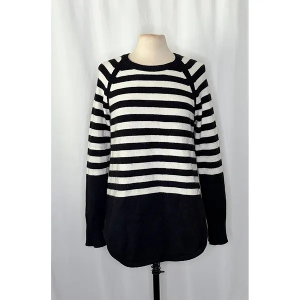 ANTHROPOLOGIE Rebekah Sweater Black White Stripe Tunic Pullover Knitwear Medium - Image 2