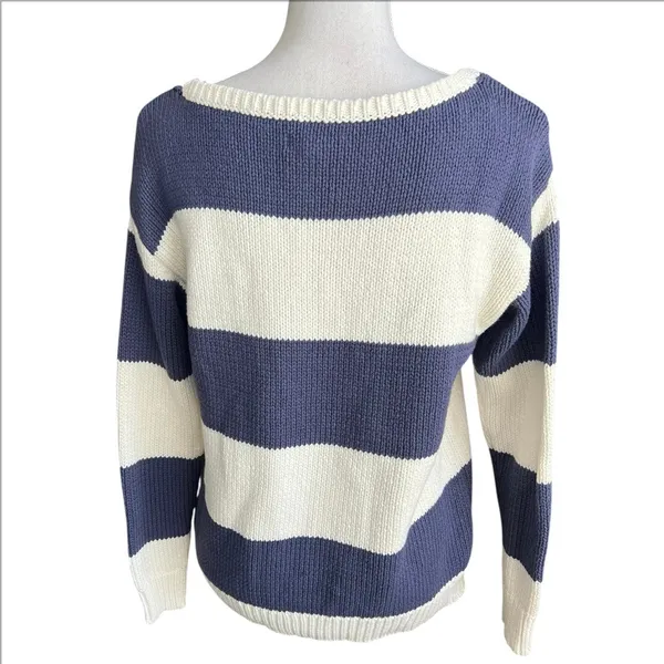 Aeropostale rugby stripe v-neck sweater beachy coastal navy and cream oversized - Image 3