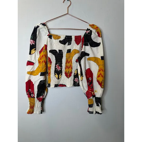 Boutique Black Red Cowboy Boots Square Neck Smocked Top size Small - Image 8
