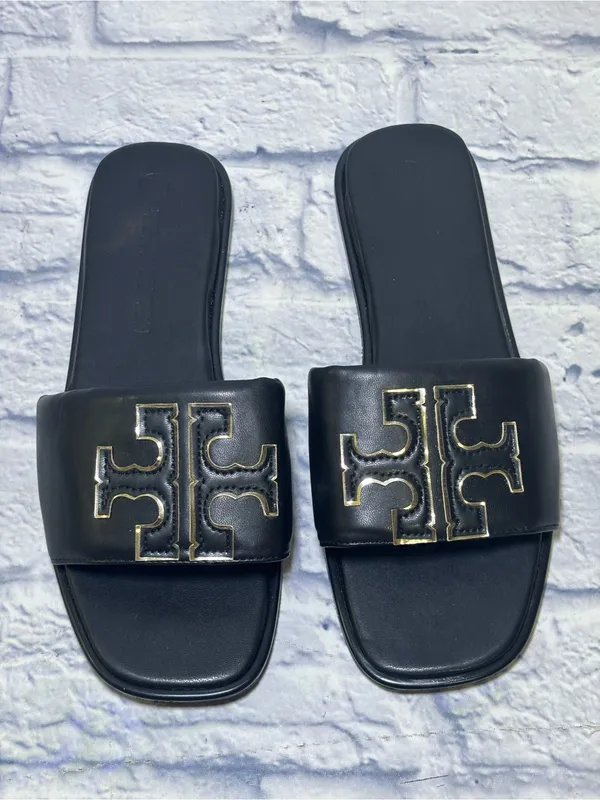 TORY BURCH Double T Sport Leather Slide Sandal Perfect Black Size 9.5 (40) - Image 2