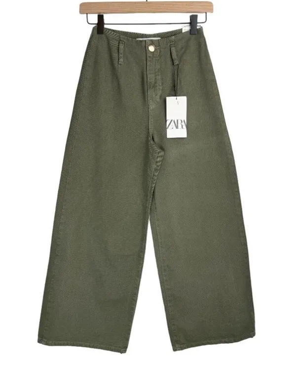 NWT ZARA Wide Leg Cropped Jean Pants Sz 0 Army Olive Green High Rise - Image 2