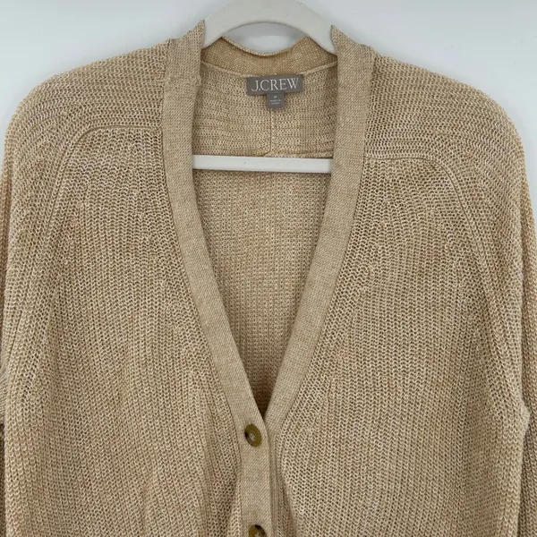 J.Crew Womens Tan Linen Cotton Knit V-Neck Button Cardigan Sweater Size M‎ - Image 3