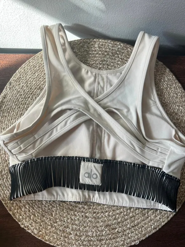 Alo Yoga Electric High Neck Sports Bra Bone Cream Black Ribbed Size XS - Image 6