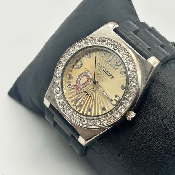 Concepts Breast Cancer Awareness Quartz Watch Crystal Bezel Black Silicon Band - Image 2
