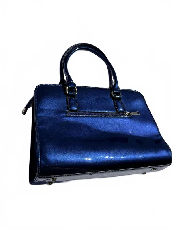 Vintage Blue Leather Satchel Handbag Designer Tote Shoulder Bag Structured Purse - Image 6