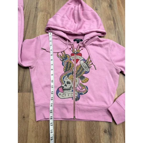 Ed Hardy Women S Pink Zip Hoodie New York City Skull Tattoo Y2K Graphic - Image 6
