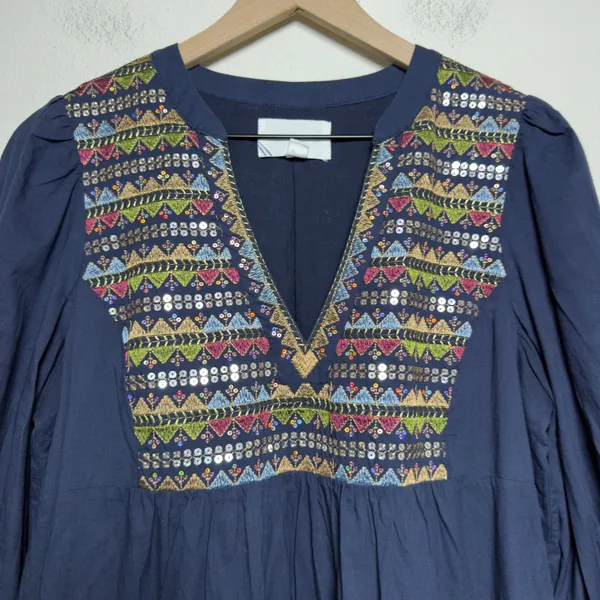 Pomander Place Womens‎ 100% Cotton Kenzo Dress M Navy Embroidered Sequin Tiered - Image 3