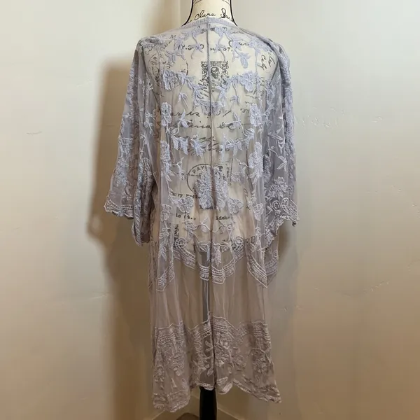 Romantic Cottagecore Mesh Lace Open Front Duster‎ Cardigan Gray - Image 4