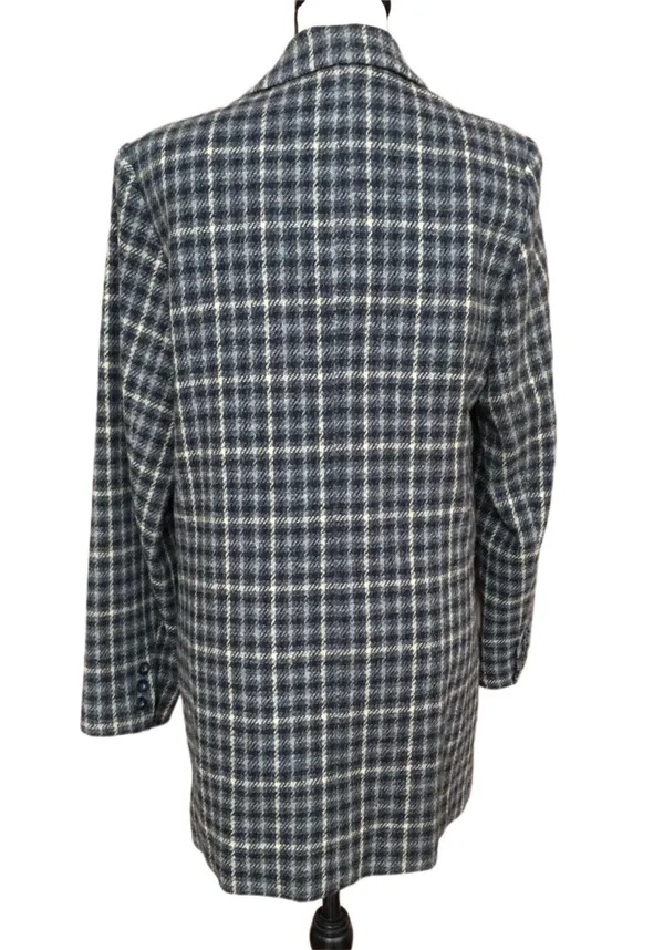 Eddie Bauer Wool Check Long Blazer Jacket Cream Navy Blue M Academia - Image 3