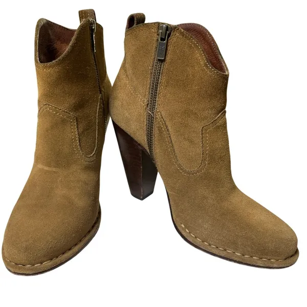Frye Madeleine Suede Ankle Boots Brown Leather Lined Stacked Heel‎ 8.5 - Image 2