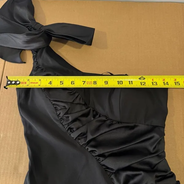 🍁 Faviana One Shoulder Bow Ruffle Stretch Mini Cocktail Party‎ Dress Sz 0 Black - Image 14