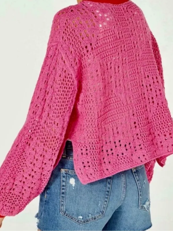 Free People Pink Crochet Knit Sweater Size Large Boho Fall Valentines Day - Image 10