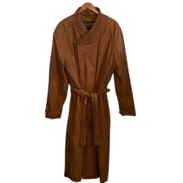 Vintage American Style Brown Leather Belted Trench Coat Mountain life old money - Image 4