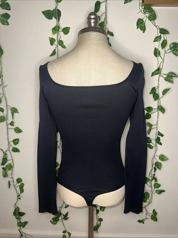 VS PINK Black Ribbed Long Sleeve One Piece Thong Bodysuit Stretchy Slimming - Image 2