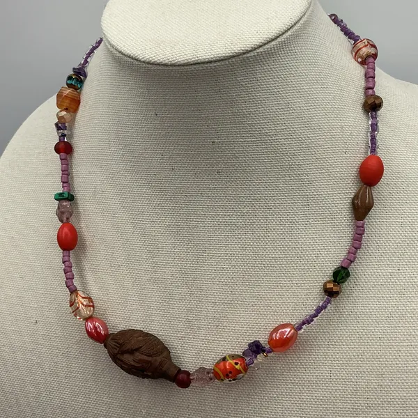 Multicolor Vintage Wood & Glass Quartz Necklace New Accents 20” Adustable - Image 2