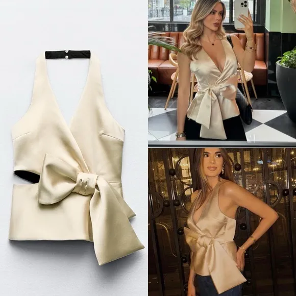 NWT Zara soft gold bow satin halter top. Size Large - Image 2