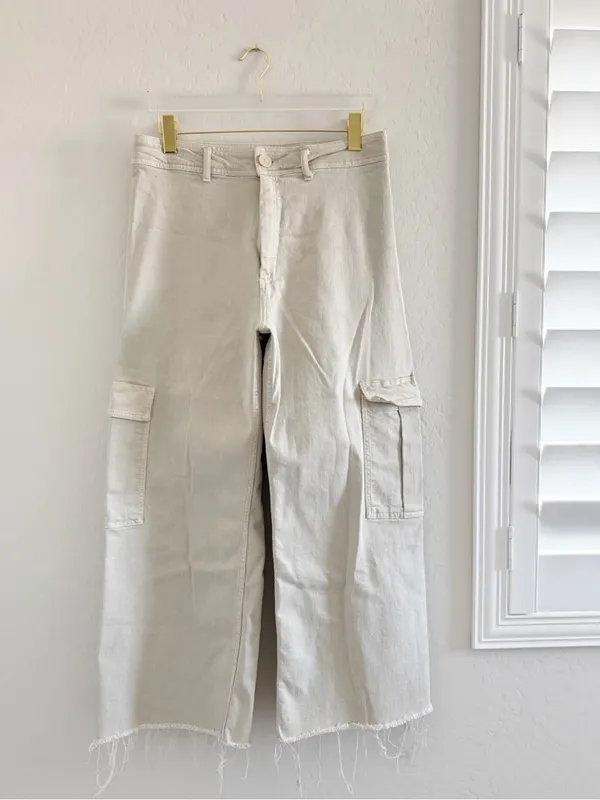 ZARA High Waisted Marine Cargo Jeans Raw Hem Khaki Beige Wide Leg Retro‎ Size 14 - Image 11