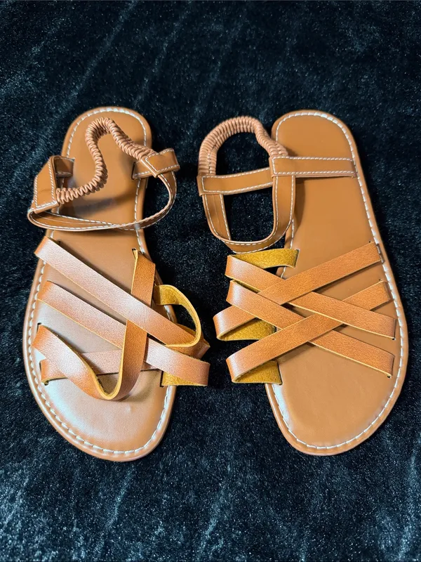 Shein Cognac PU Leather Cross Strap Adjustable Flat Sandal Size 9 EU 40 - Image 2