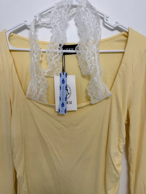Cider Pale Yellow Long Sleeve Lace-Trim Crop Top - Image 6