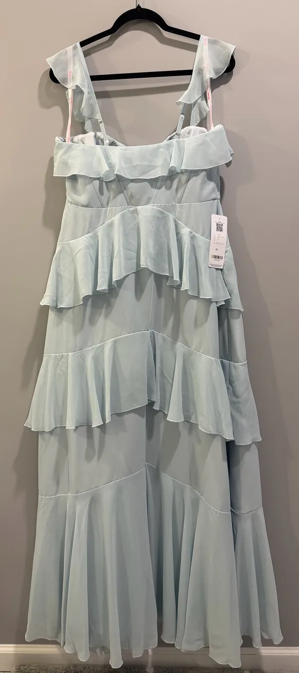 NWT Azazie X Barbie 1025 A-Line Sweetheart Neckline Chiffon Ruffle Detail Maxi Dress Mist Blue - Image 5