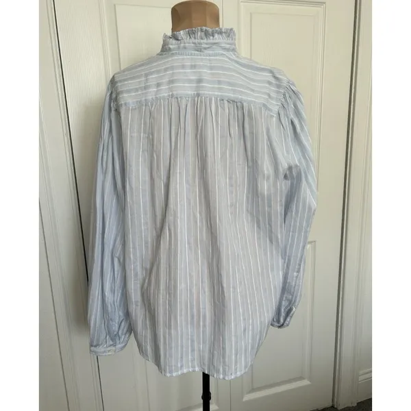 Madewell $98 Ruffled Popover Long Sleeve Top Stripe Blue Cotton Blouse Size M - Image 5