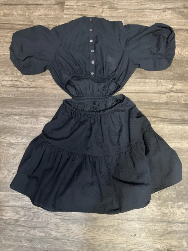 Madewell Black Textured Puff Sleeve Cutout Midi Dress Size Medium - Image 6
