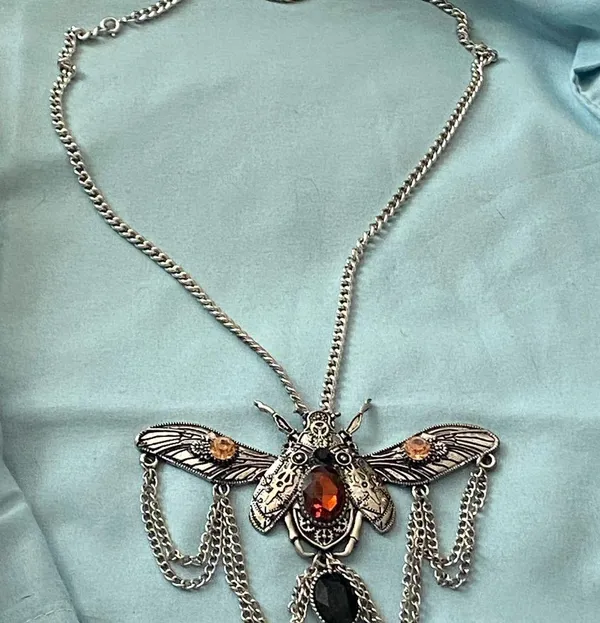 22” Necklace Silver Tone Beetle Pendant 4.5”W Stones Steampunk Goth Gothic - Image 6