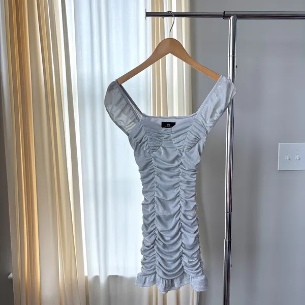 Vintage IN San Francisco Dress S Silver Shimmer Ruched Mini Y2K Clubwear Party - Image 15