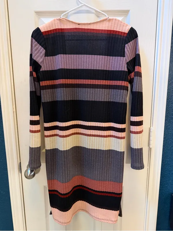 Striped Open-Front Ribbed Cardigan in taupe, Gray & Pink - Image 2