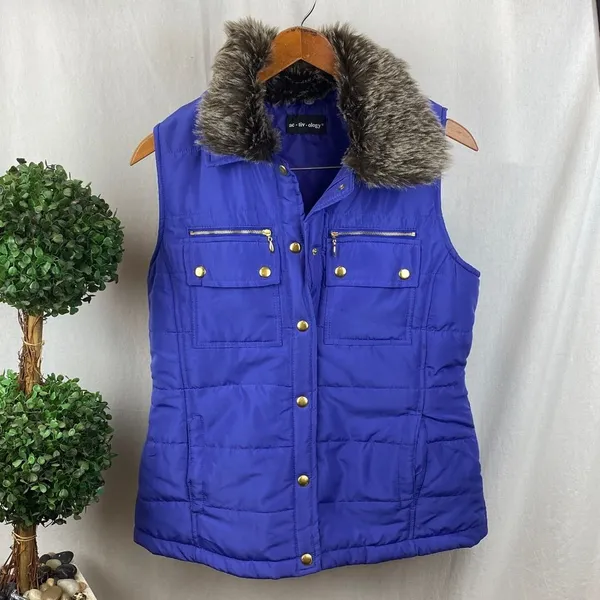 Activology Blue Fur Trim Zip Up Quilted Sleeveless Puffer Vest L - Image 2