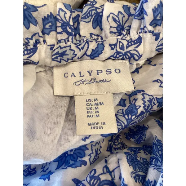 Calypso St Barth Daria Dress M Blue White Block Print Floral Cotton Resort Maxi - Image 10