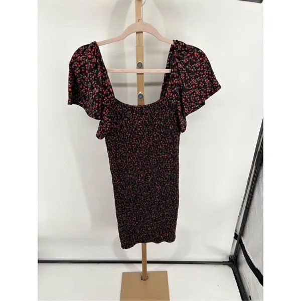 Waverleigh Black Red Floral Smocked Short Sleeve Dress Size Large NWT - Image 6