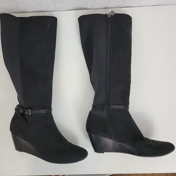 Dana Buchman Womens Boots Size 6.5 Black Suede Wedge Heel Knee High Side Zip - Image 6