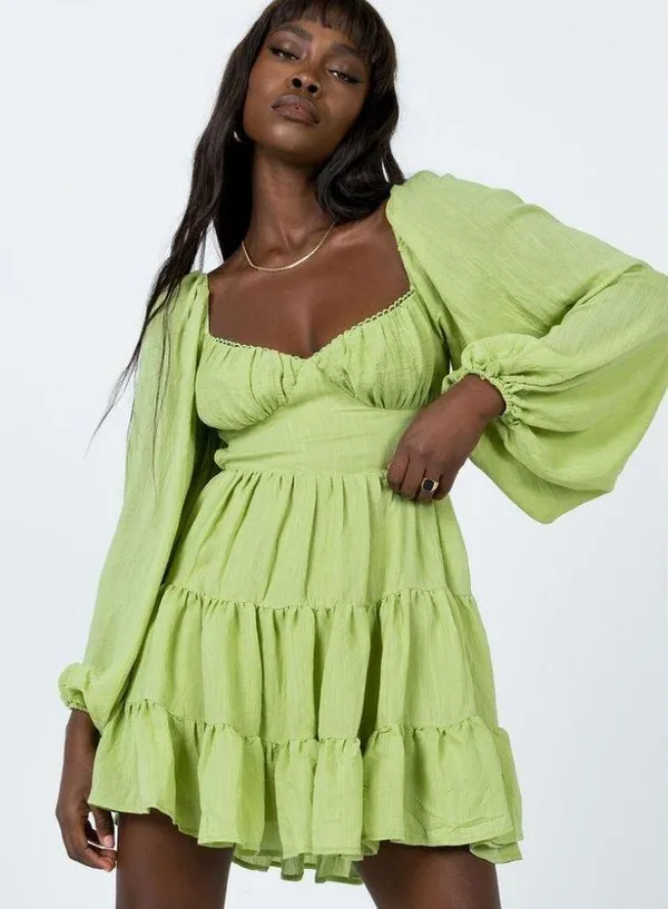 Princess Polly Green Danny Long Sleeve Open Back Tiered Fit & Flare Mini Dress 2 - Image 7