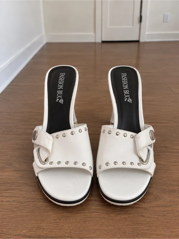 Vintage Fashion Bug White Studded Mule Heels - Image 3