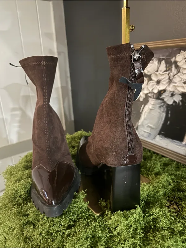 Women’s Brown Suede Ankle Boots with Patent Toe - Image 2