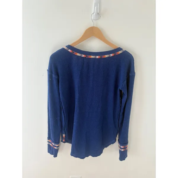 We The Free Free People Blue Waffle Knit Embroidered Henley Thermal Top Small - Image 3