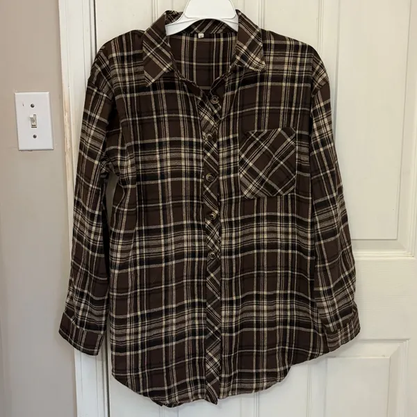 LaCozy Women’s Oversized Flannel Shirt in Brown Plaid - Image 6
