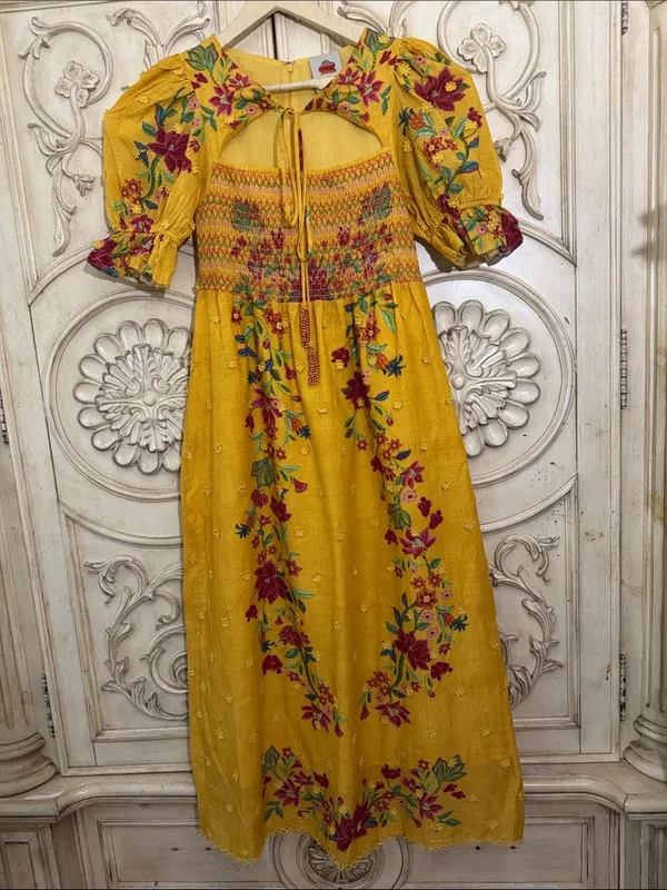 Farm Rio Boho Floral Dream Yellow Smocked Midi Dress - Sz Small - Image 3