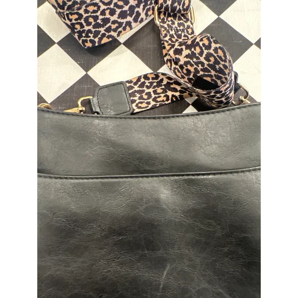 Chic Black Crossbody Bag with Leopard Print Guitar Strap Gold Hardware purse - Image 3