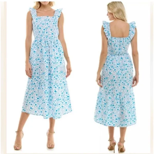 Draper James Ladies Ruffle Sleeve Cotton Dress Size Small Blue Paisely Cottage - Image 2