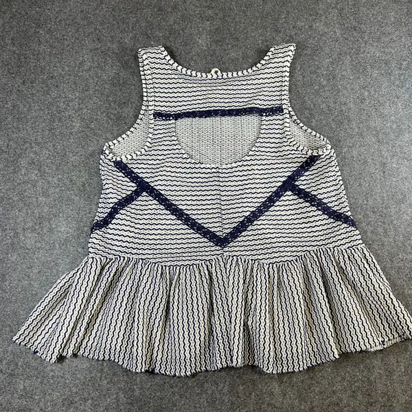 Free People Navy White‎ Zig Zag Knit Peplum Tank Top Crochet Lace Trim Small - Image 7