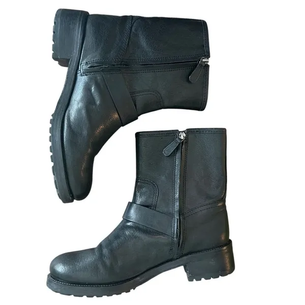 Tory Burch Chrystie Moto Boots Black Leather Buckle Lug Sole 8.5 - Image 7