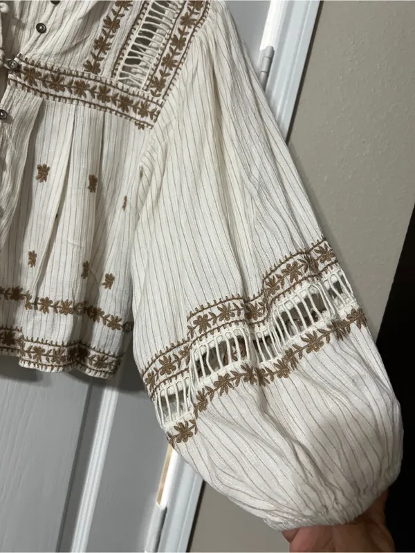 Free People Cream Boho Embroidered Peasant Blouse with Tan Accents - Image 4