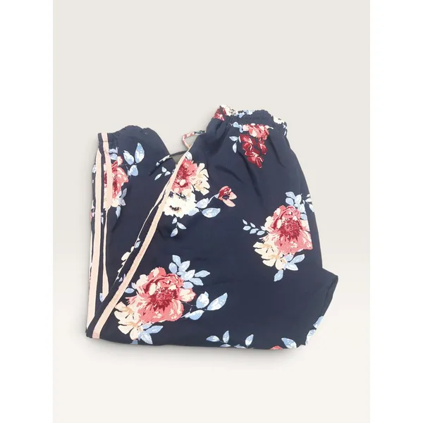 About a Girl Womens XL Floral Jogger Pants Navy Pink Striped Boho Casual - Image 3