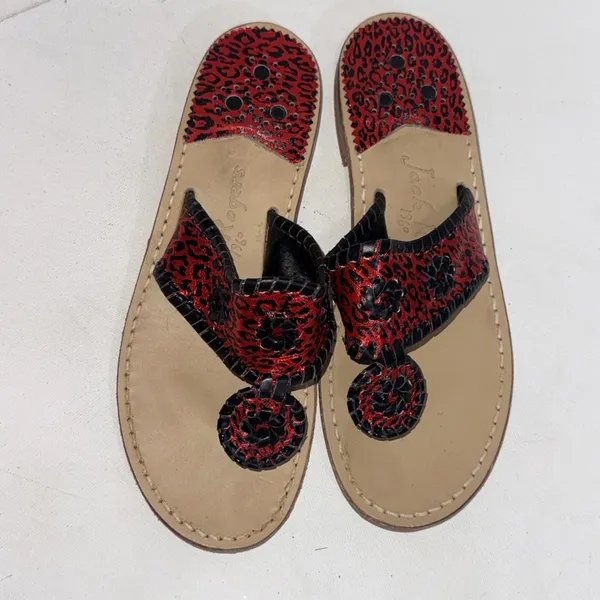 Jack Rogers Navajo Red Black Leopard Print Preppy Designer Hand Made‎ Sandals 7 - Image 2