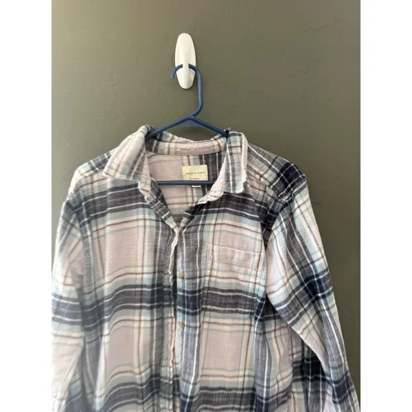 American‎ Eagle Womens Plaid Flannel Shirt Purple Blue Boyfriend Fit 100% Cotton - Image 2