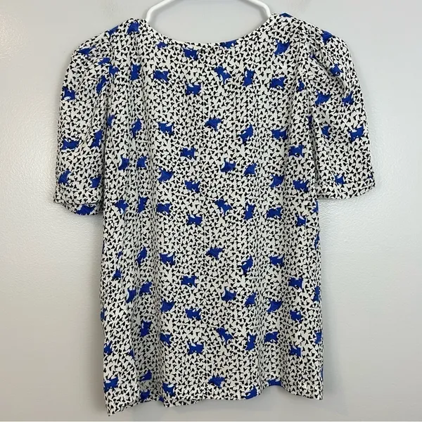 MAJE Lensam Floral Leaf Blue/White V-neck Short Puff Shoulder Blouse Size Small - Image 7