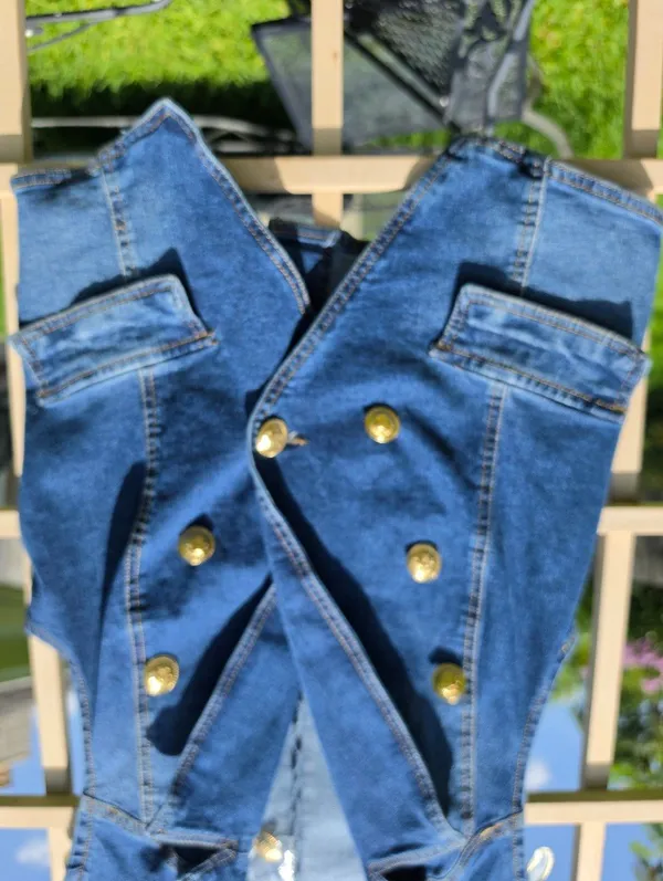 Double-Breasted Denim Vest in Dark Blue with Gold Buttons Small - Image 4