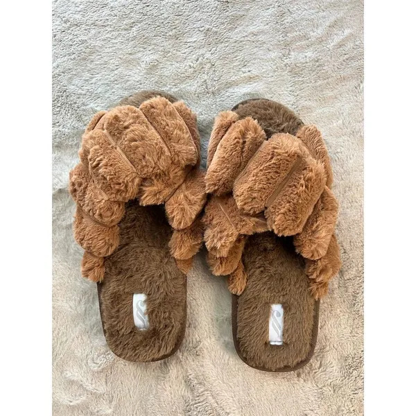 Women's Fuzzy Double Strap Slide Slippers Brown Open Casual Sketchers - Size 9 - Image 6